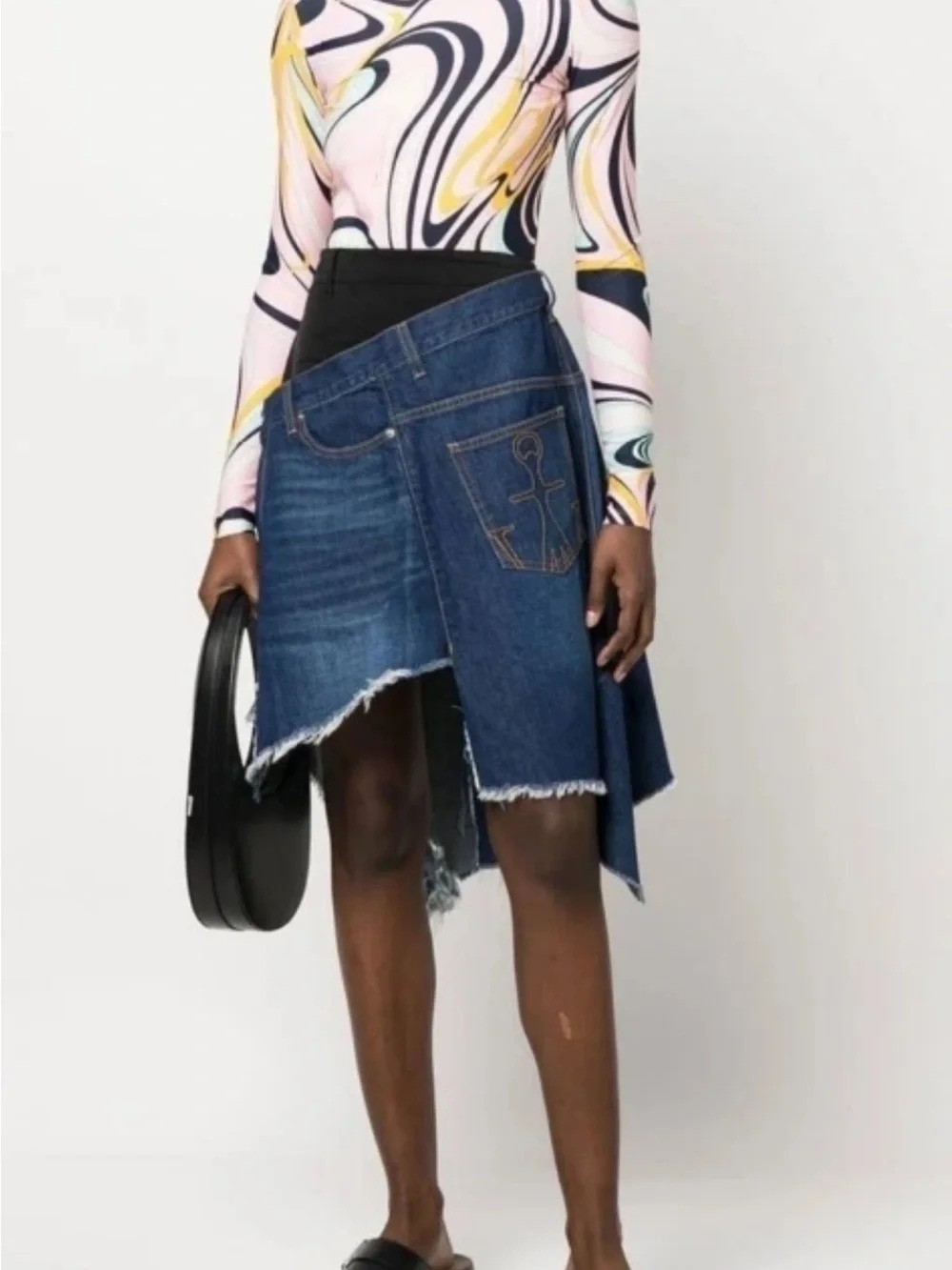 JW ANDERSON Distressed Hybrid Denim Jean Skirt Asymmetric raw hem Layered panels
